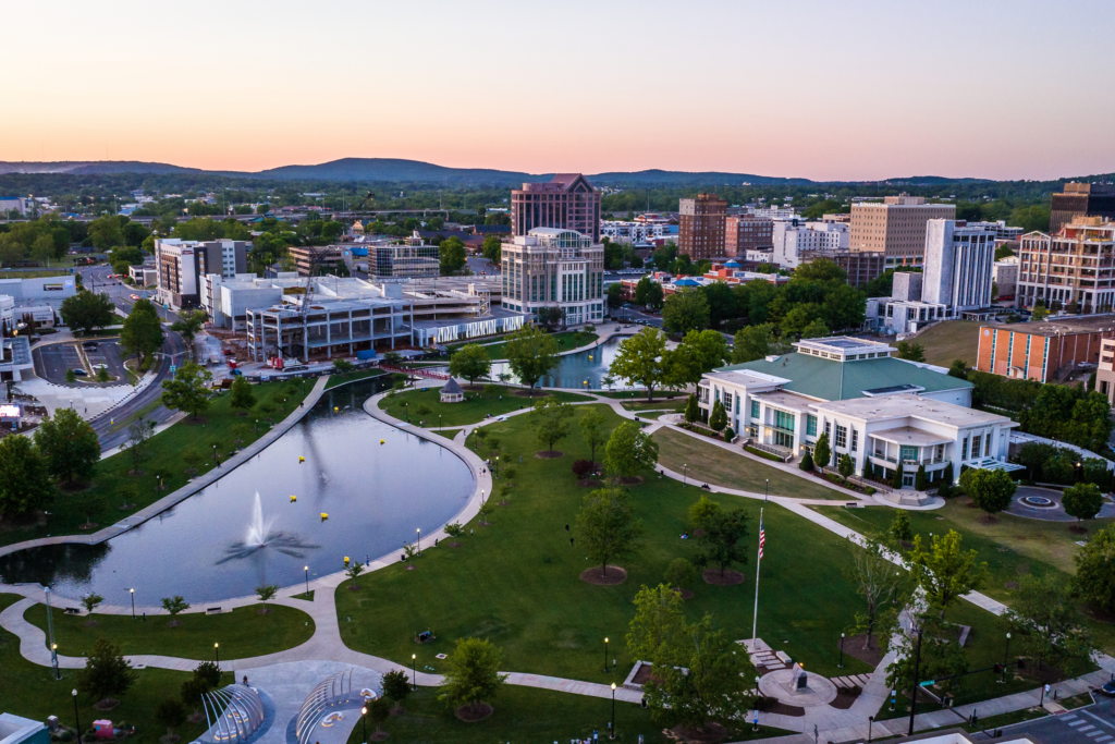 aerial photo of downtown Huntsville, AL